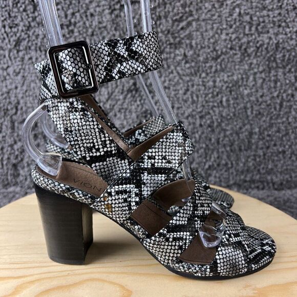 Vionic Blaire Snake Sandals Womens 6.5 Leather Block Heels Silver Black Shoes - Picture 4 of 10